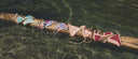 Colorful swimsuits on a log in shallow water